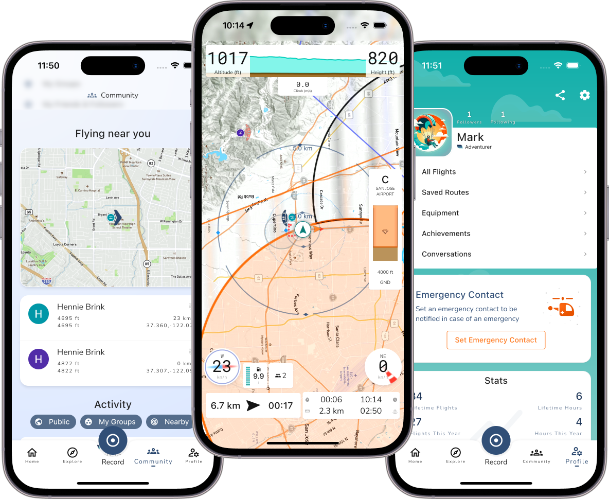Gaggle app showing flight instruments, a nearby pilots map and a pilot profile